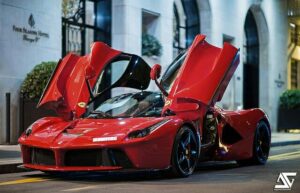 Luxury Red Supercar with Open Doors
